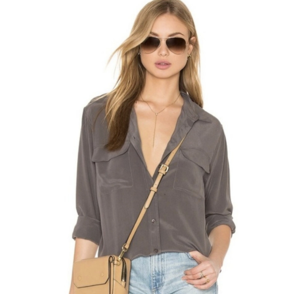 Silk Button Up Blouse Shirt Slate Gray Moondust XS Equipment Femme